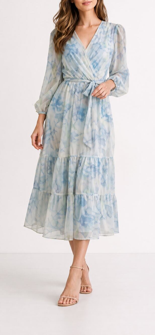 Calvin Klein Blue White Watercolor Midi Dress 2 Tie Waist Cottage Flowy Ethereal
